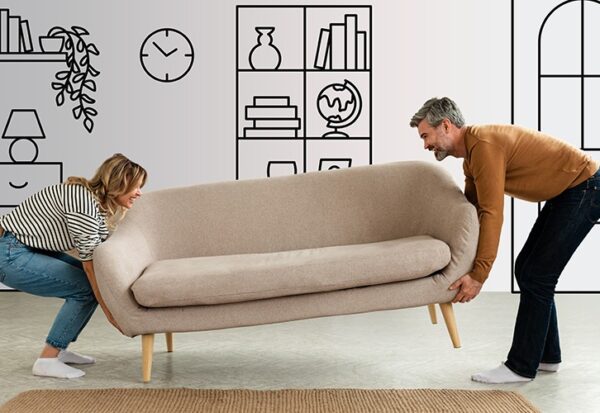 Sofa secured with non-slip pads on a wooden floor to prevent sliding and scratches